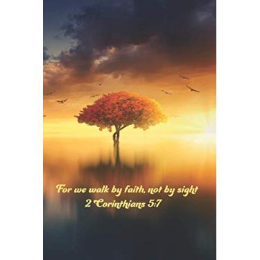 Imagem de For We Walk By Faith Not By Sight 2 Corinthians 5:7: Autumn Tree with Birds Flying on Cloudy Golden Orange Sunset Reflecting On Water Writing Journal Notebook with Bible Scripture Verse for Journaling