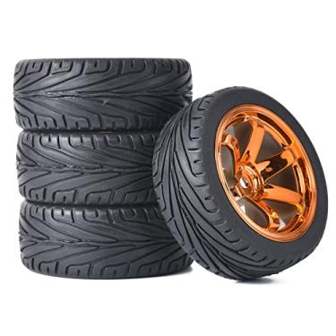 Imagem de WONFAST 4PCS RC Car Rubber Tires and Plastic Wheels Rims Compatible with 1/10 Scale On Road Touring Racing Flat Drift Car Traxxas HSP HPI Tamiya Sakura (Orange)