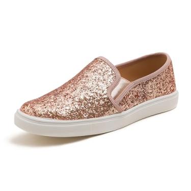 Imagem de FEVERSOLE Mocassins femininos modernos sem cadarço casuais, Glitter em ouro rosa, 35
