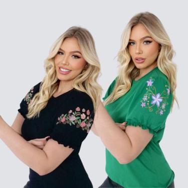 Imagem de Kit 2 Blusas Evangélicas Manga Bufante Princesa Algodão Premiun 100% C