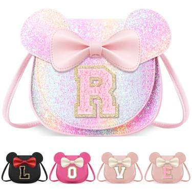 Imagem de izuzta Bolsa infantil para crianças 1 2 3 4 5 6 7 8 anos de idade bonito mouse orelha laço bolsa transversal presente de aniversário, Bolsa grande/brilhante/letra rosa, R, R