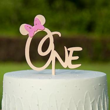 Imagem de Topo de bolo Minnie One de madeira - Topo de bolo de 1º aniversário, topo de bolo de primeiro aniversário para meninas, topo de bolo de madeira, decorações de festa de aniversário com tema Minnie