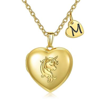 Imagem de YOUFENG Colar com medalhão de unicórnio com letra de coração, medalhão com inicial que guarda imagens banhado a ouro 18 K, presentes de aniversário, Aço inoxidável, Zircão