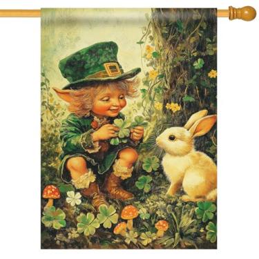 Imagem de Morigins Dia de São Patrício bandeira de jardim trevo verde trevo da sorte gênio da floresta com coelho estilo retrô conto de fadas decoração de férias bandeira de casa dupla face 71 × 101 cm