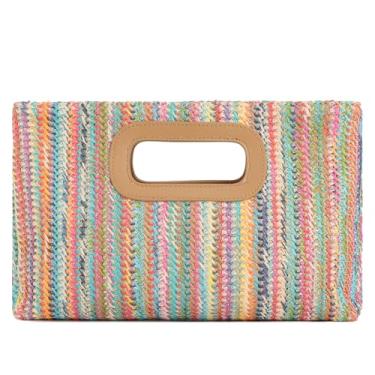 Imagem de Fecialy Bolsa clutch de palha com alça superior para mulheres ráfia para noite bolsa de praia de verão bolsa transversal, Colorido.