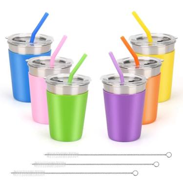 Imagem de Rommeka Copos de aço inoxidável para crianças, copos infantis de 340 g com canudos e tampas à prova de vazamento, copos infantis inquebráveis com mangas de silicone para bebidas quentes ou frias, 6