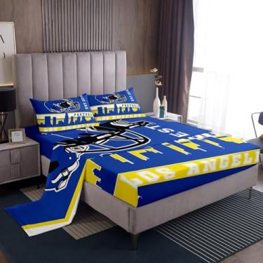 Imagem de Erosebridal Jogo de lençol solteiro de futebol americano, futebol americano, para meninos e meninas, azul, para decoração de quarto, bola esportiva, lençol com elástico (Los Angeles)
