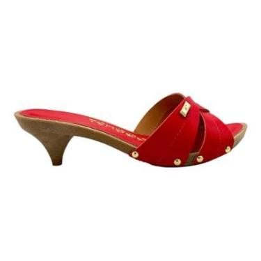 Imagem de Tamanco Tchocco Couro Legítimo Vermelho Salto Baixo Francesinha Retrô 47703-Feminino