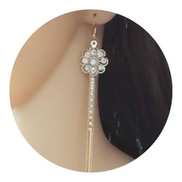 Imagem de Brinco Feminino Franja Longo Strass Dourado Flores Flor Brilho