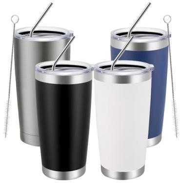 Imagem de MEWAY Copo de 590 ml Pacote com 4 canecas de viagem isoladas a vácuo de parede dupla, copos de aço inoxidável de cores mistas com tampa e canudo, copos de café revestidos em pó duráveis para bebidas frias e quentes (cores mistas, 4