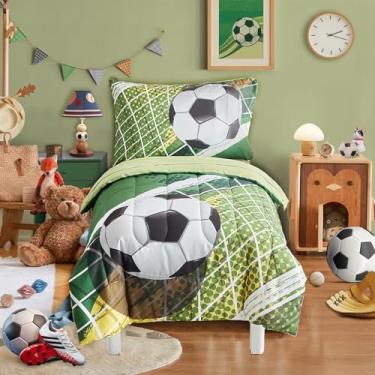 Imagem de Jogo de cama infantil de 4 peças para meninos e meninas, amarelo, verde, campo de futebol com gol fofo em uma bolsa com jogo de lençol e fronhas
