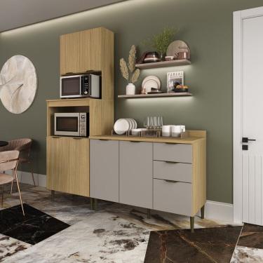 Imagem de Cozinha Modulada 2 Peças 7 Portas 2 Gavetas Balcão com Tampo Ibiza Louro Freijó/Cinza