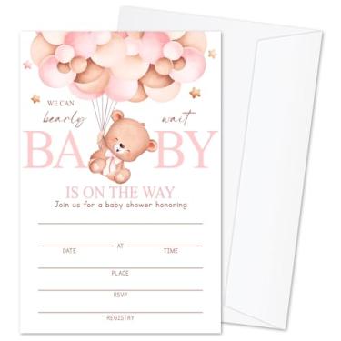 Imagem de mermermu We Can Bearly Wait Convites de chá de bebê para meninas, cartões de convite de balão de urso para anúncio de bebê, 25 conjuntos de convites de chá de bebê com envelopes, suprimentos de festa