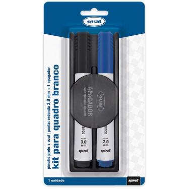Imagem de Kit Pincel Marcador Quadro Branco 3,0mm com apagador, Preto e Azul, Oval - bt 1 un