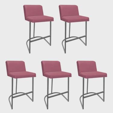 Imagem de Kit 05 Banquetas Com Encosto Noah Luxo Confort Bistrô Cozinha Ferro Cinza Suede Rose Gold - Ahz Móveis