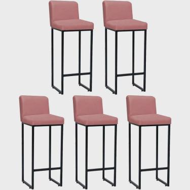 Imagem de Kit 05 Banqueta Alta Com Encosto Lucca -60cm chão até o assento Industrial Ferro Preto Suede Rose Gold - Ahz Móveis