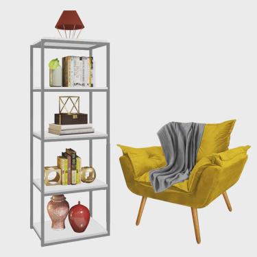 Imagem de Kit Poltrona Fatte com Manta Soft Cinza e Estante Livreiro Ferro Cinza mdf Branco Suede Amarelo - Ahazzo Móveis