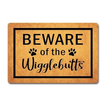 Imagem de Capacho engraçado para porta da frente - Tapete de boas-vindas antiderrapante de 60 x 40 cm com design "Cuidado com os Wigglebutts" - Tapete de borracha durável para entrada interna/externa