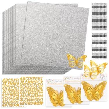 Imagem de Kit de decoração de boné de formatura, 15 peças de papel de construção de cartolina com glitter para boné de graduação com 3 pacotes de adesivos de borboleta, 2 folhas de adesivos de strass, 2 folhas