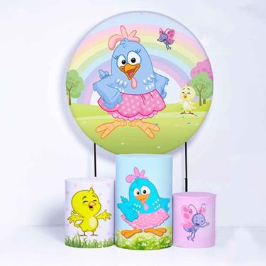 Imagem de Kit Painel de Festa Redondo de 1,50m e Trio de Cilindros Galinha Pintadinha - Fera Print