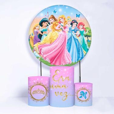 Imagem de Kit Painel de Festa Redondo de 1,80m e Trio de Cilindros Princesas - Fera Print