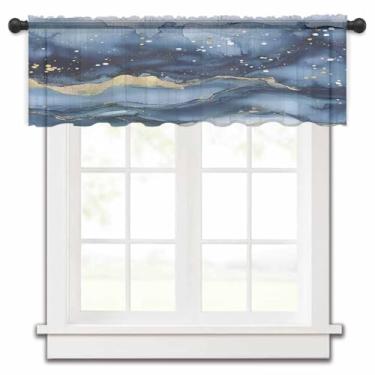 Imagem de Cortina transparente de mármore dourado azul marinho para janelas de cozinha, arte moderna abstrata gradiente, tratamentos de janela, bolso para varão, top curto para sala de estar, banheiro, 137 x 45
