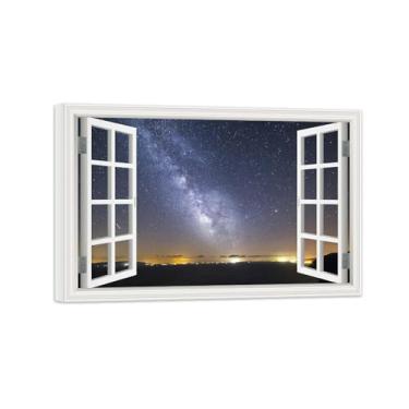 Imagem de Vista da Janela Paisagem Pintura em Tela-Céu estrelado roxo-Impressão Lona Arte Parede Natural-Decoração Sala Estar 70x105cm Tela Embrulhada