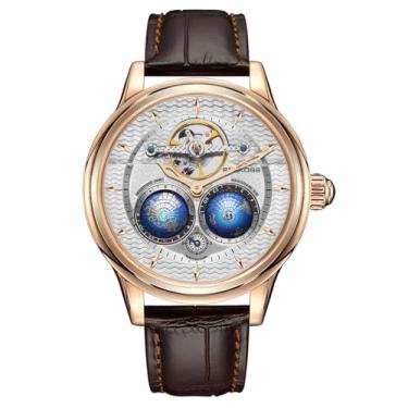 Imagem de SEAKOSS Relógio masculino de luxo de 47 mm com globo duplo automático para homens, relógio mecânico, dispositivo de volante, relógio social masculino, Marrom rosa