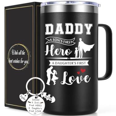 Imagem de Lifecapido Dad Gifts, Daddy Son's First Hero Daughter's First Love Caneca de café isolada de 590 ml com chaveiro, presente de aniversário, dia dos pais, preta