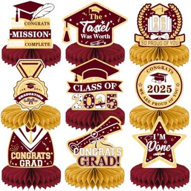 Imagem de Haolongfa Decorações de mesa de formatura 2025, 9 peças de centro de mesa de formatura para mesas, centros de mesa de centro de favo de mel em ouro vermelho, enfeites de mesa 3D parabéns para