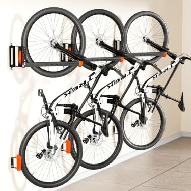 Imagem de Suporte de parede giratório para bicicleta com 3 unidades, cabides para garagem, suporte vertical para bicicleta que economiza espaço, comporta até 35 kg, suporte de parede de bicicleta, sem