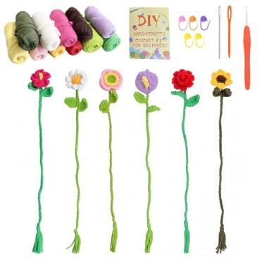 Imagem de ASDIIT 6 kits de marcadores de página de flores de crochê para iniciantes Amigurumi, kit de flores tricotadas para Dia das Mães, Dia dos Namorados, presentes de Natal para mulheres - com vídeo passo a