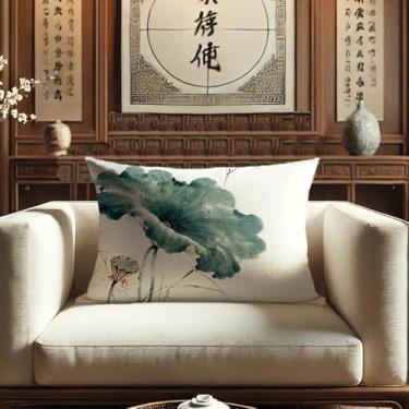 Imagem de Sladjana Enchanting Teal - Tinta chinesa verde - Capa de almofada de lótus de lavagem: Impressão digital de alta definição em imitação artística de linho (50 x 71 cm, JBHH-A)