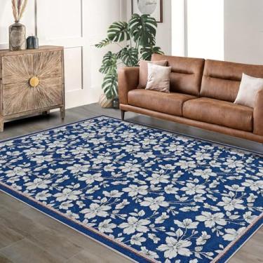Imagem de GarveeHome Tapetes de área de 2,3 x 25,4 m Boho Floral Lavável Pelo Baixo Antiderrapante Tapete Interior para Quarto de Bebé Sala de Estar Azul