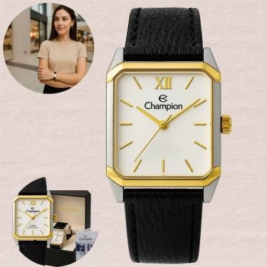 Imagem de Relógio Champion Quadrado Feminino Elegante Analógico Resistente água 3ATM Social Fashion Prateado e Dourado Pulseira de Couro CH24106S