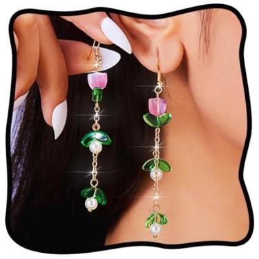 Imagem de Urieo Brincos de flor com pingente de ouro e pérola para mulheres, brincos pendentes de casamento, one size, Metal, Liga metálica.