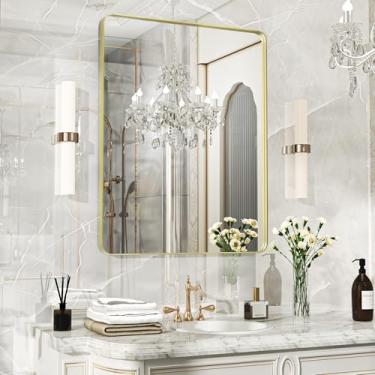 Imagem de Fun Memories Espelho de banheiro dourado 71 x 91 cm, espelho grande com moldura dourada de metal, espelho de parede moderno para banheiro, vidro temperado, espelho de fazenda, horizontal ou