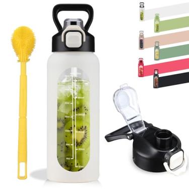 Imagem de SIEROZUR Garrafa de água de vidro de 946 ml com canudo e alça, garrafa de vidro esportiva à prova de vazamento com marcador de tempo, jarro de água com manga de silicone para academia, viagens, treino