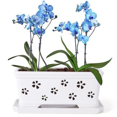 Imagem de Vasos retangulares de orquídea de cerâmica de 25,4 cm com furos brancos com pires de drenagem e ventilação eficazes, vaso de orquídea para replantação de orquídeas de cerâmica para circulação de ar de