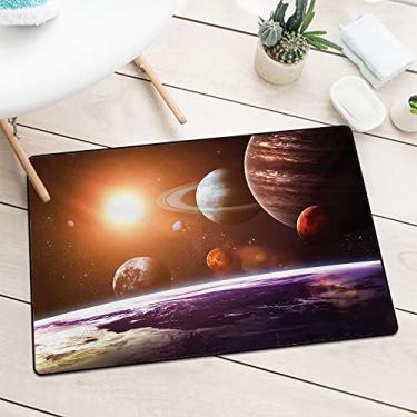 Imagem de Tapete de entrada de grau comercial Galaxy, vista temática espacial dos planetas da terra arte da sala de ciências com sol e lua, poeira de captura de neve e lama, L 128 x C 152 cm, laranja magenta