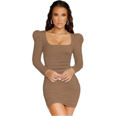 Imagem de Mulheres Sexy Bodycon Mini Vestido Outono Puff Manga Manga Longa Saia Slim Colarinho Quadrado Clube De Festa Vestidos Casuais Curtos, 0906-coffee, XS