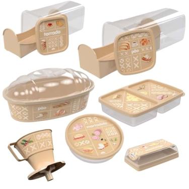 Imagem de Kit 7 PEÇAS - Porta Pão de Forma + Porta Torradas c/Gaveta Deslizante + Porta Pães Oval + Porta Frios + Porta Mortadela + Manteigueira + Suporte Filtro 103 - Bege Decorado Café Colonial Plasútil