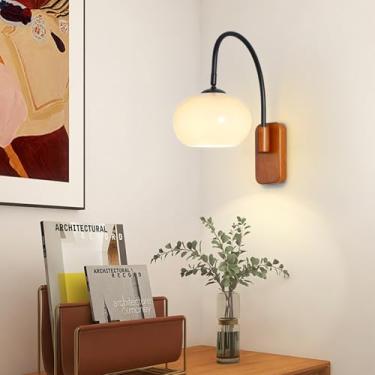 Imagem de GZZBMY Luminária de parede E27 com cúpula de vidro vintage lâmpada de parede giratória de ângulo ajustável de 350° arandela de madeira maciça interior sala de estar quarto restaurante corredor