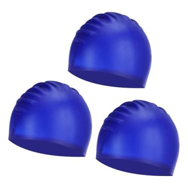 Imagem de YELARXI Touca de natação de silicone à prova d'água, confortável, antiderrapante, adequada para mulheres e homens, cabelos longos e curtos (3 peças, azul escuro)