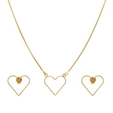 Imagem de Conjunto Feminino de Colar e Brincos De Coração Fino Vazado Folheado em Ouro 18K Softjoias