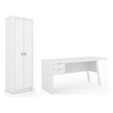 Imagem de Escritório com Mesa para Computador 2 Gavetas Com Armário 2 Portas Branco - FdECOR