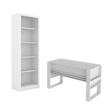 Imagem de Escritório com Mesa para Computador Simples Com Armário Prateleiras Portas Branco - FdECOR