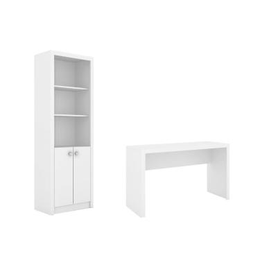 Imagem de Escritório com Mesa para Computador Simples Com Armário Pareteleira 2 Portas Branco - FdECOR