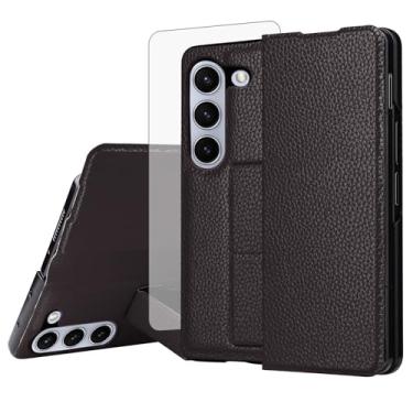 Imagem de Furiet Capa de telefone para Samsung Galaxy Z Fold 6 5G 2024 com protetor de tela de vidro temperado alça de pulso embutida antiderrapante fina couro PU suporte à prova de choque para ZFold6 Z6 G