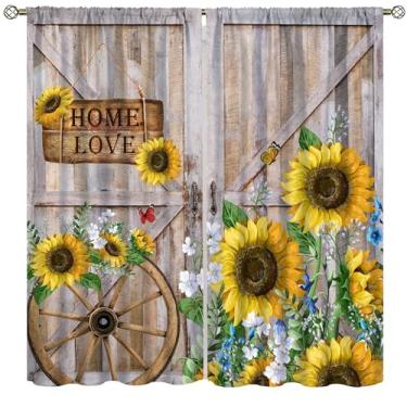 Imagem de Cortinas de girassol rústicas, tábua de madeira, porta de celeiro ocidental, tecido vintage floral, botânico, janela, tratamentos, varão, bolso, cortinas para meninas, sala de estar, quarto, cozinha